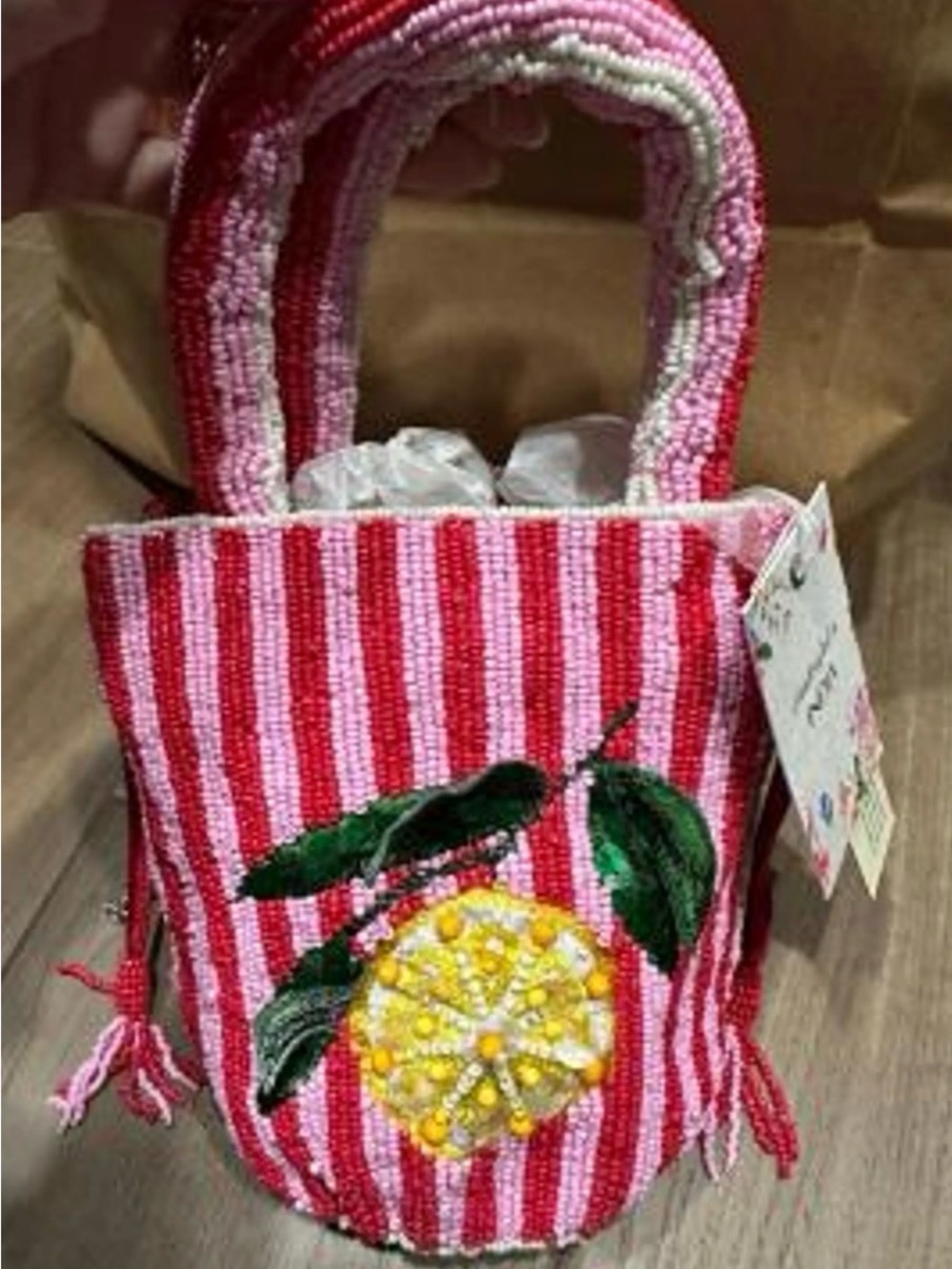 Marshalls Pink & Red Striped Beaded Tote with Yellow Lemon Motif